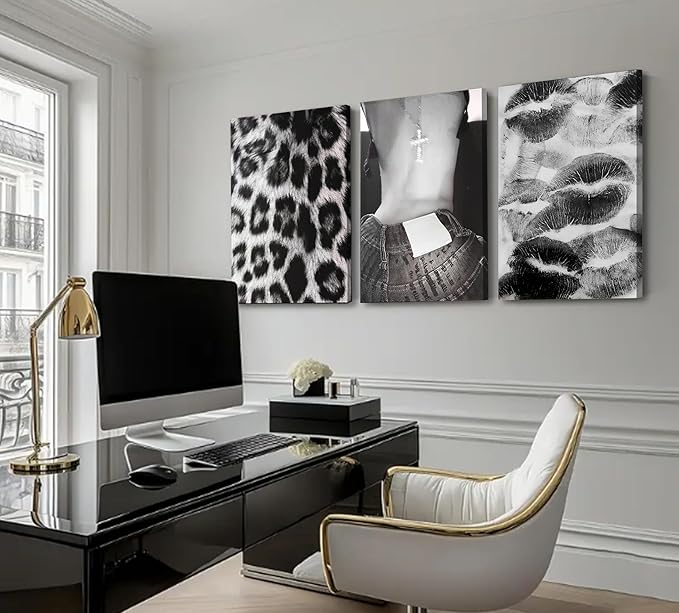 DULASI Set of 3 Fashion Chic Wall Art Kiss Lips Poster Leopard Picture Wall Decor Trendy Y2k Print Black and White Aesthetic Girly Room Decor for Bedroom Living Room Dorm Home Decoration 12"x16"