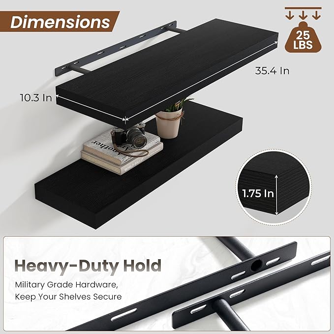 Heimlove 36 Inch Floating Shelves for Wall,Thicker and Deeper Wall Shelves Mounted Storage & Display Wood Shelf,Hanging Shelf for Bedroom Living Room Kitchen Office,Set of 2,Black
