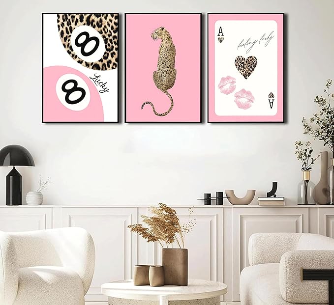 YZLYAD 3Pcs Trendy Pink Leopard Wall Art,Bow Cherry Lips Print Canvas Poster Pictures,Y2k Stylish Preppy Aesthetics Wall Decor for Girls' Rooms Bedroom Dorm Apartment.16x24in Unframed