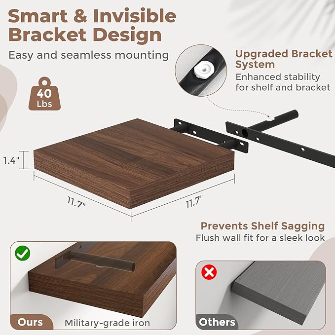 12 Inch Floating Shelves for Wall with Invisible Brackets Set of 3, 12"D Engineered Wood Wall Shelves with Wood Grain for Living Room, Bedroom, Bathroom, Kitchen Decor and Storage, Walnut Finish
