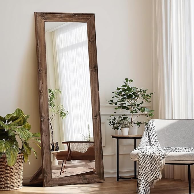 Full Length Mirror 65"x22" - Beveled Edge Rustic Brown Dressing Mirror, Solid Wood Frame, Wall Mounted or Standing for Bedroom, Entryway, Living Room