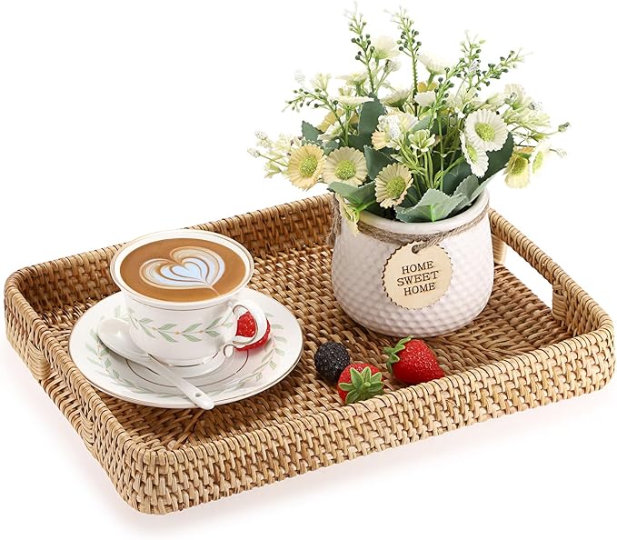 Hipiwe Handwoven Rattan Serving Tray Rectangular Wicker Tray with Handles Natural Decorative Trays for Storage Breakfast, Dessert, Fruit for Coffee Table, 13.4" L x 9.5" W