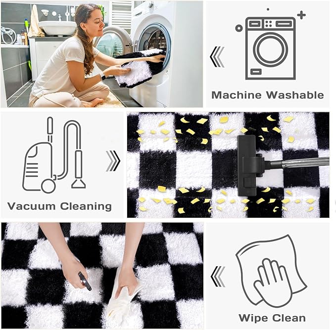 Checkered Rugs for Living Room Bedroom, 5x7 Area Rugs for Living Room, Modern Shaggy Carpets Fuzzy Rug for Boys Girls Dorm Nursery Home Decor Aesthetic, Upgrade Non-Slip Durable, Black and White
