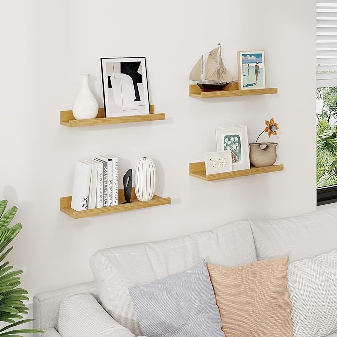 Axeman Picture Ledge Shelf | 16 Inch Oak Floating Shelves Set of 4 | Rustic Wood Wall Shelves with Lip | 16" Picture Shelves for Wall with Ledge | Oak Photo Shelves