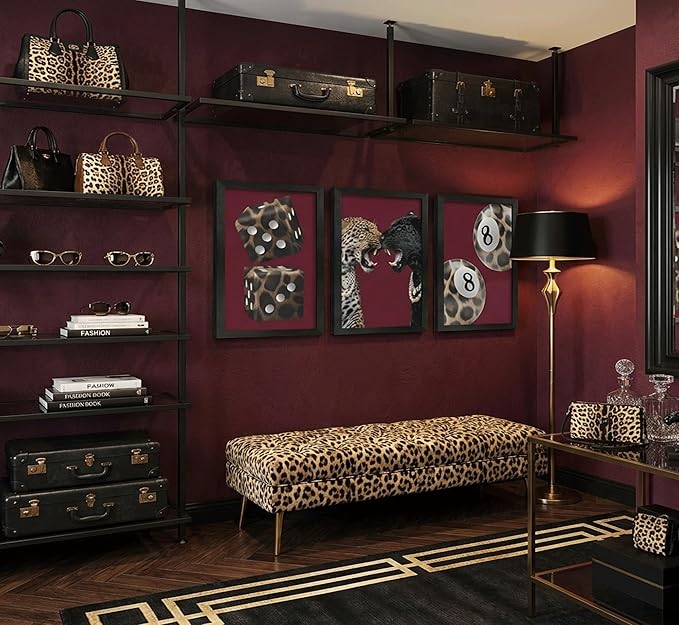 3Pcs Framed Trendy Leopard Canvas Wall Art Funky Lucky 8 Ball Pictures Wall Decor Eclectic Cheetah Preppy Aesthetic Posters Prints Paintings for Bedroom Dorm Living Bathroom Home Decoration