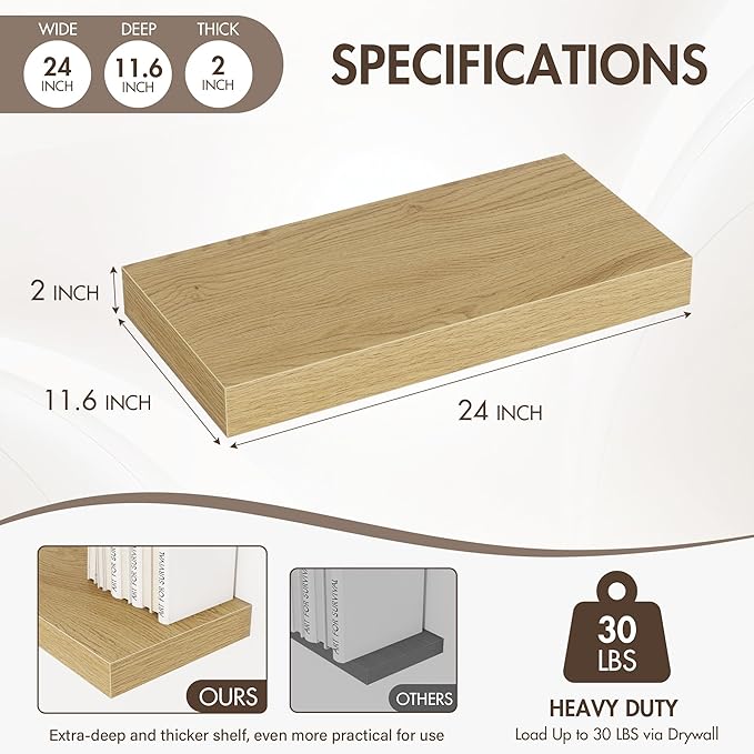 Acovy 24 Inch Floating Shelves, 12" Deep Floating Shelf Wall Mounted, 24" Wall Shelves, Rustic Deep Bookshelf, Extra Deeper & Thicker Display Shelves for Bedroom, Living Room, Oak, Set of 2