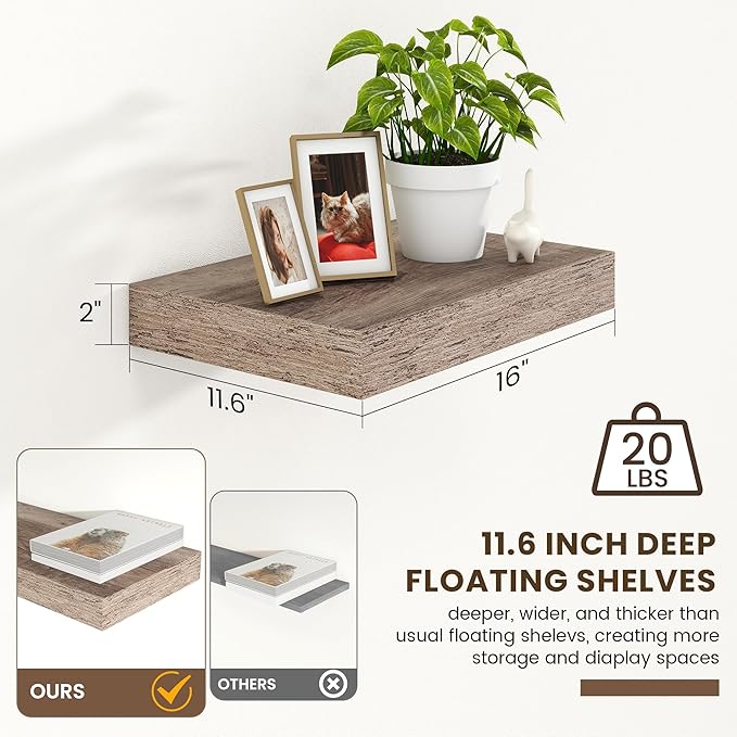 FLYJOE Deep Floating Shelves | 16 Inch Grey Floating Shelves Set of 2 | 12 Inch Deep Rustic Grey Wall Shelves | Deep Shelves for Living Room Bathroom Kitchen Bedroom