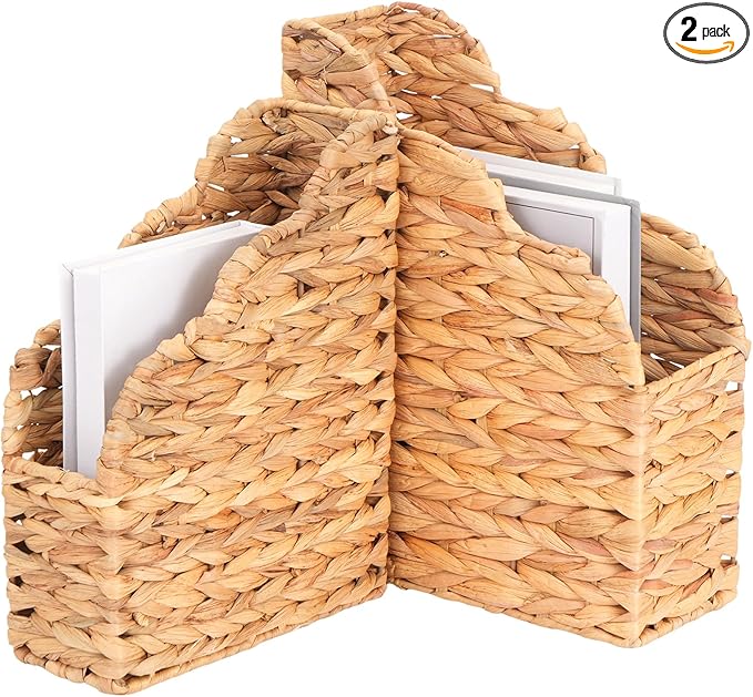 Water Hyacinth Magazine Holders, Scalloped Edge, Natural Handwoven Rattan Storage Baskets, Large and Small Size Packages, Storage Bin & Organizer for Files, Books, Newspapers, Decorative Storage Bin