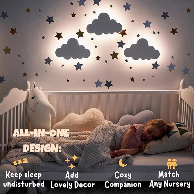 KALEOLI Cloud Wall Light for Nursery (Pack of 1) - Crib & Baby Room Decor Nigth Light – Dimmable & Rechargeable Kids Wall Lamp for Bedtime Routines - 68Pcs Star Wall Decals Included