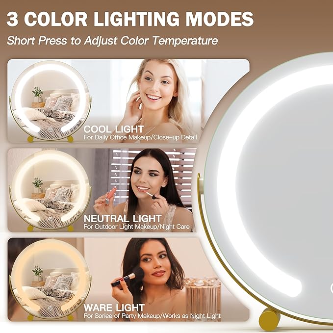 ROLOVE Aesthetic Gold Vanity Mirror with Soft Lights, 12 Inch Standard 1X View, 3-Color Dimmable Tabletop Mirror for Bedroom Decor, 360° Rotation Ambient Light up Mirror