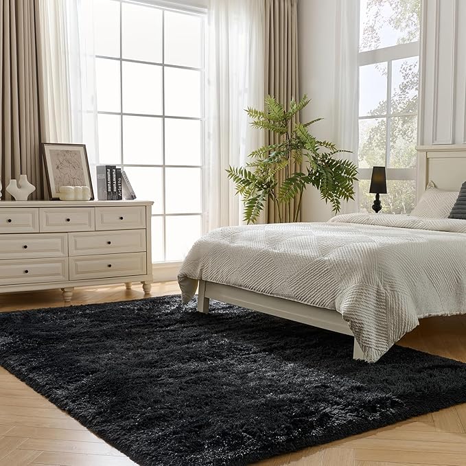 Fluffy Area Rugs for Bedroom - Soft Plush Shag Rug for Living Room Nursery Kids Room - Non Slip Fuzzy Shaggy Floor Carpets for Girls Boys Play Room Dorm Decor (Black, 4' x 6')