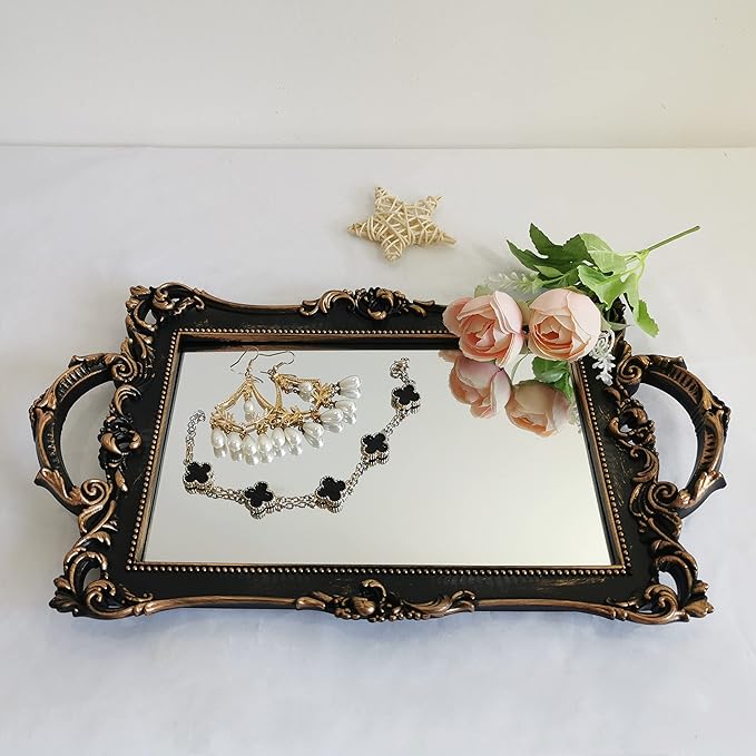 Small Rectangle Decorative Mirror Tray, French Style, Makeup Organizer, Jewelry Organizer, Serving Tray, 13"x 7.8", Black