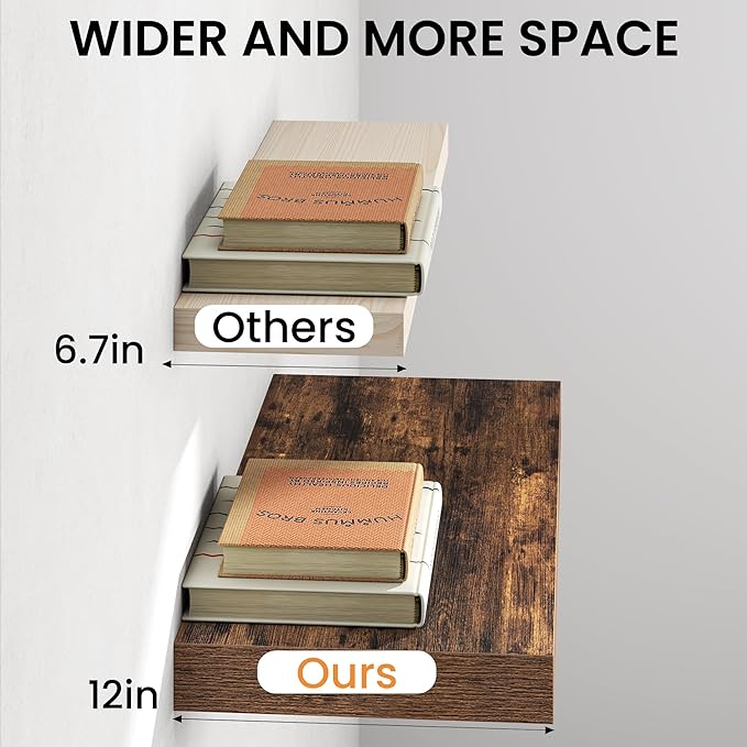 Fun Memories 12 Inch Deep Floating Shelf, 24 x 12 Rustic Wood Wall Shelf for Books, 2" Thick Deep Floating Shelf for Storage & Display in Kitchen, Living Room, Bedroom, Rustic Brown, 2 Packs