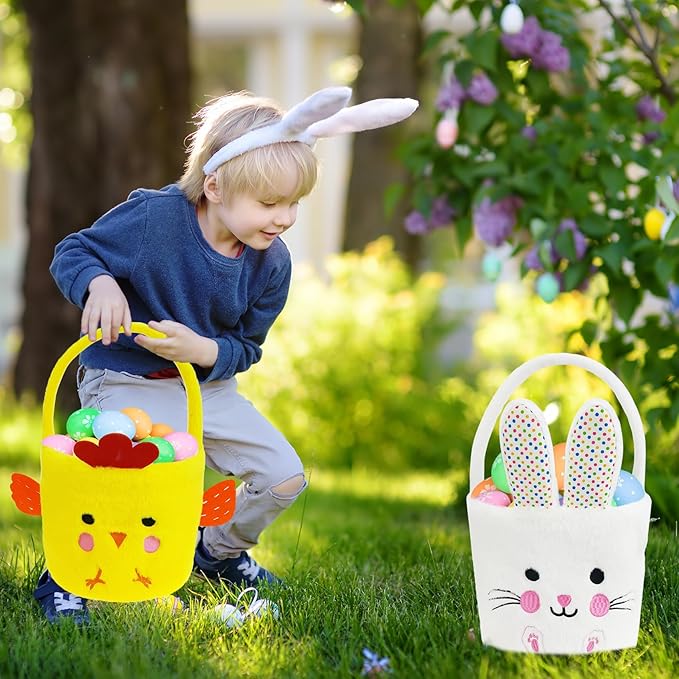 DearSun 2 Pcs Easter Basket Bunny & Chick Plush Baskets Dia 8" * H 15.7", Easter Egg Hunting Basket for Kids Gifts Party Decoration Supplies