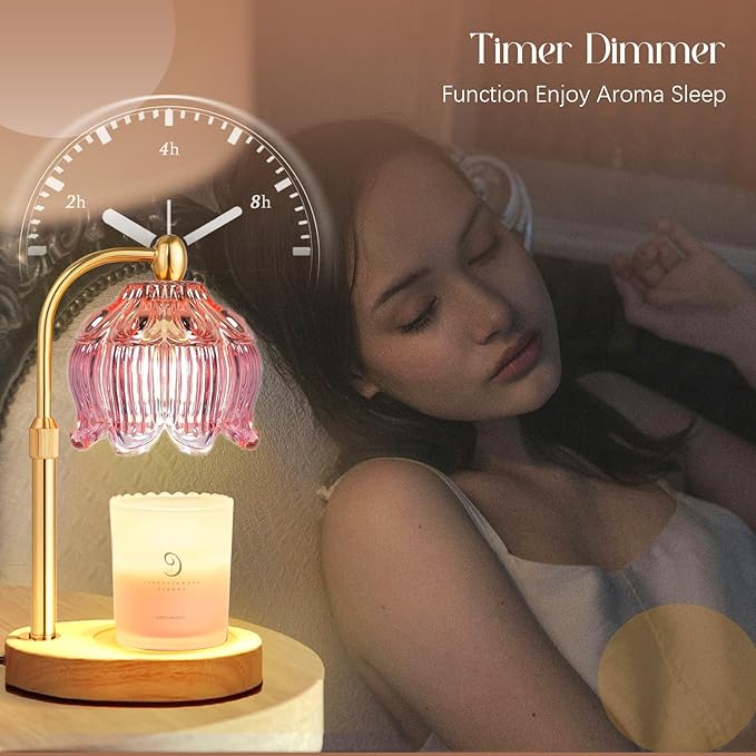 Adjustable Flower Candle Warmer Lamp with Timer, Lotus Tulip Glass Warmer Light for Jar Candles, Electric Wax Warming Melter, Gifts for Women Mom, Vintage Bedroom Decor (Pink)