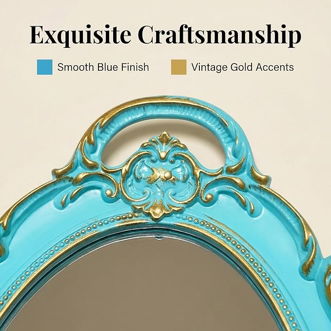 Schones Geschaft Decorative Mirror Tray, Makeup Jewelry Perfume Organizer，Vintage Oval Display and Serving Tray for Bedroom Living-Room Dresser Decor (14.4”x 9.8”) (Blue - Oval)
