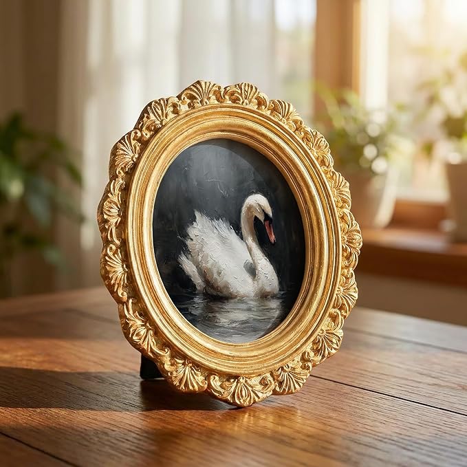 Small Vintage Swan Round Picture Frame Wall Decor, Dark Goose Gold Mini Ornate Photo Frame for TableTop Desk 2.7in Photo, Rustic Framed Artwork for Walls Office Bedroom Shelf