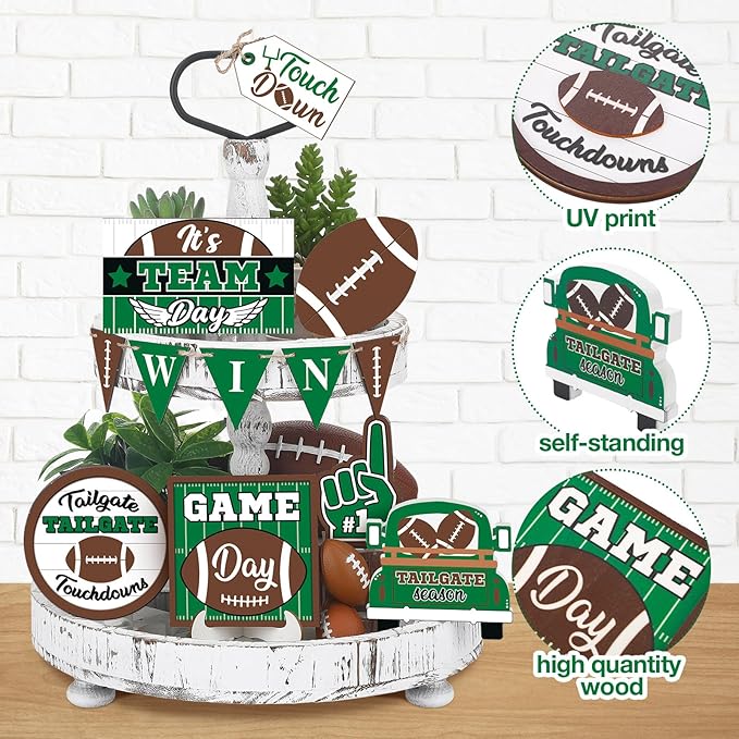 13 Pcs Football Tiered Tray Decor Wooden Football Table Centerpieces Decor Rustic Wooden Sport Game Sign for Fans Rugby Theme Party Supplies