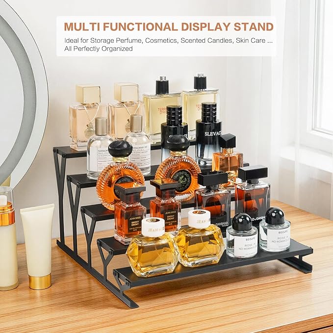 KALYLOC 5 Tier Wooden Display Riser Stand 13.8 Inch Metal Step Perfume Stand Organizer Tabletop Tiered Display Shelf Rack for Cologne Cupcake Spice Figures Cosmetics Candles (Black, Y-Shape)