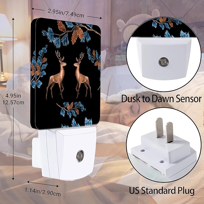 Retro Deers Night Light, Pine Branches Night Lights Plug into Wall Decor for Bedroom, Bathroom, Hallway, Kitchen, Dusk to Dawn Sensor Nightlights for Girls Women Room Gifts
