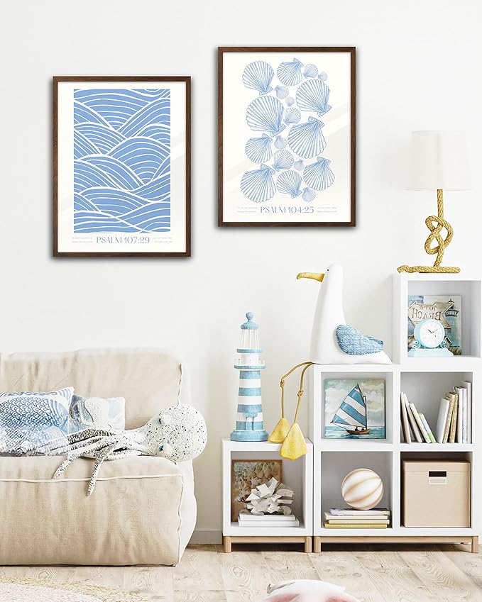 EcoHest Modern Christian Ocean Waves Framed Wall Art, 12x16 in Walnut Color OAK Wood Christian Psalm 107:29 Canvas Wall Art, Beige Logs Storm Home Decor Set of 1 for Bedroom Living Room