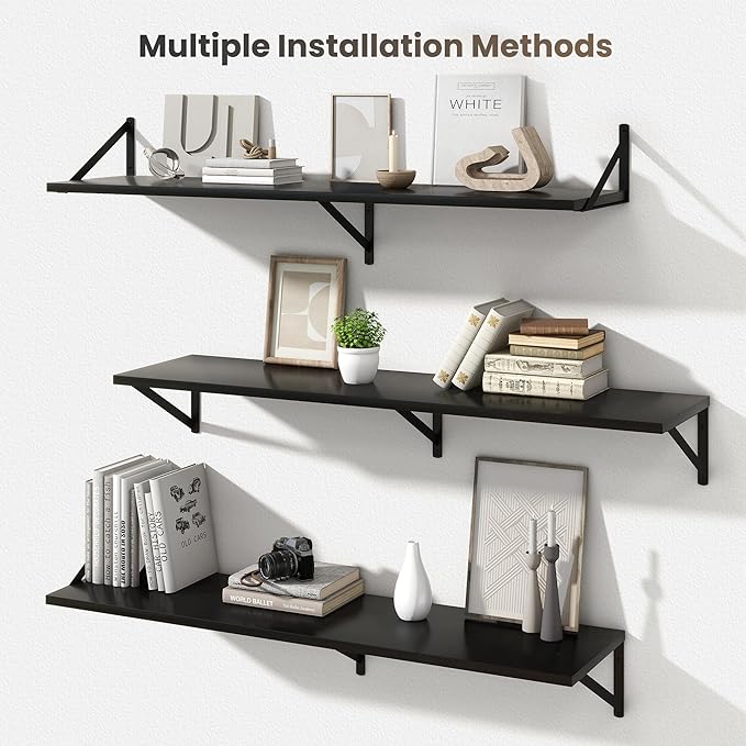 Marsmiles 12 Inch Deep Floating Shelves | 48 Inch Black Wall Shelves Set of 2 | Rustic Wood Floating Shelves for Living Room Bedroom Bathroom