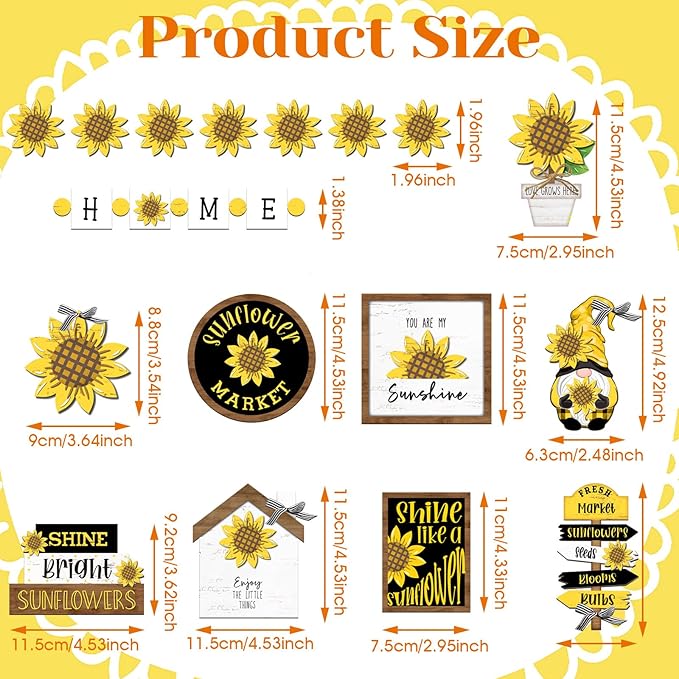Bucherry 17 Pcs Sunflower Tiered Tray Decor Set Farmhouse Wooden Summer Table Signs Rustic Decorations for Home Spring Summer Table Centerpieces for Home Kitchen Shelf Tabletop