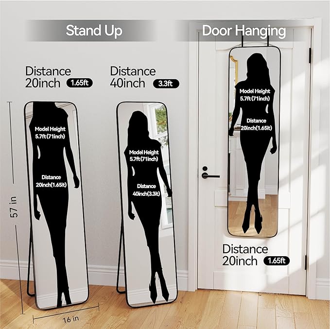 SCWF-GZ 57x16 Door Hanging Full Length Mirror, Floor Stand (Height 5.7ft just Body in1.3ft) Wall Mounted Metal Frame Rectangle Dressing Mirrors for Bedroom Bathroom Room 57 inch Black