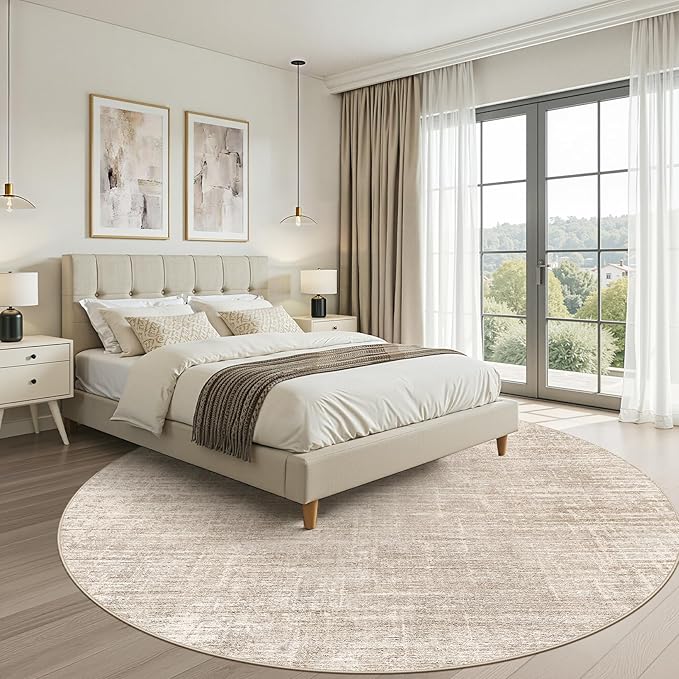 10ft Round Rug Living Room: 10x10 Washable Large Neutral Beige Circle Area Rug Abstract Soft Modern Stain Resistant Indoor Floor Non-Slip Carpet for Bedroom Nursery Kids Office Playroom Dining Room