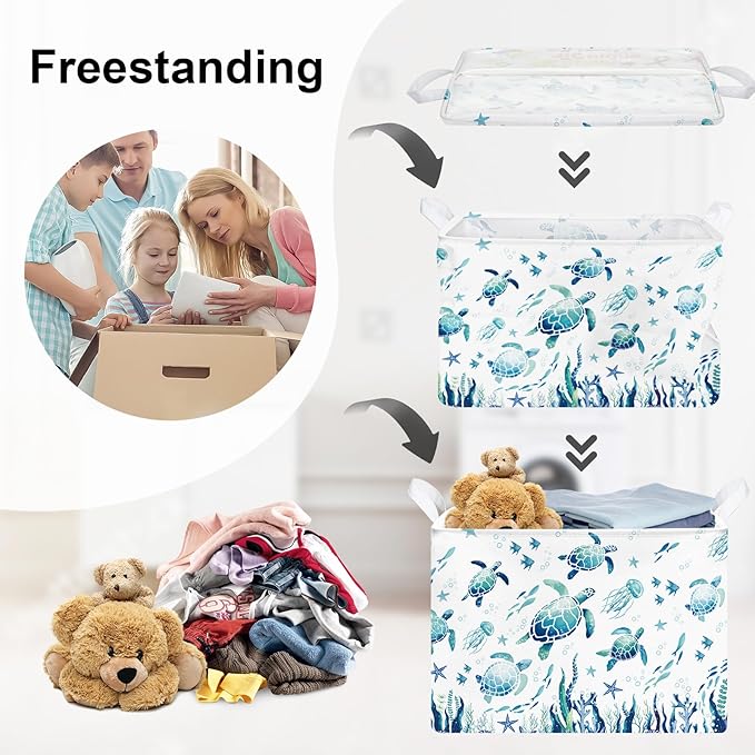 Sea Animals Laundry Hamper Ocean Fish Coral Large Storage Basket Parents Organizer Kids Clothes Toy Bins for Bedroom, Bathroom, Blue Turtles, 36L
