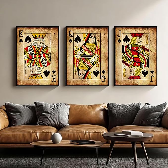 Playing Card Wall Art Poster Vintage Poker Canvas Wall Decor Retro Game Room Art Picture Joker King Queen Poster Trendy Retro Prints Vintage Poker Painting Artwork for Bedroom 16x24 Inch Unframed 3Pcs