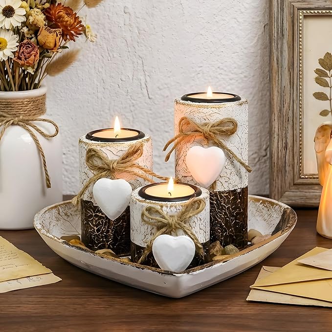 Farmhouse Candle Holders 3 Pack Rustic Wooden Pillar Candle Holder with Heart Tray and Stones Tealight Candles Holders Farmhouse Centerpiece for Coffee Table Mothers Day Valentines Home Decor
