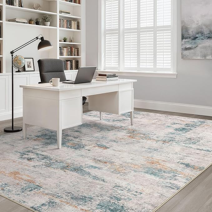 6x9 Area Rugs Living Room: Washable Large Neutral Aqua Brown Rug Abstract Soft Modern Stain Resistant Indoor Floor Non-Slip Carpet for Bedroom Nursery Kids Office Playroom Dining Room Under Table
