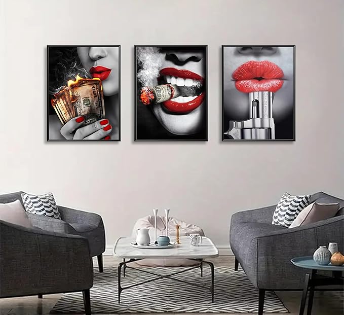 3pcs American Girl Money Wall Art Women Red Lips High Fashion Canvas Prints Posters Trend Black and White Wall Decor Beauty Fashion Abstract Paintings Suitable for Bedroom Living Room Bar Cart Restaurant Wall Decor Unframed