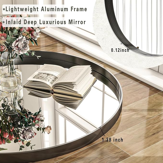 24 inch Round Bathroom Mirror, Wall Mounted Circle Mirror with Black Metal Deep Frame for Living Room, Hallway, Entryway as Wall Decor, Hanging or Leaning