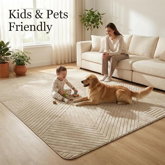 5x7 Solid Color Area Rugs, Brown Modern Geometric Rug, Living Room Rug, Durable Non-Slip Soft High-Low Pile, Fluffy Floor Rugs for Bedroom, Kids Room, Nursery, Home Décor, Light Brown