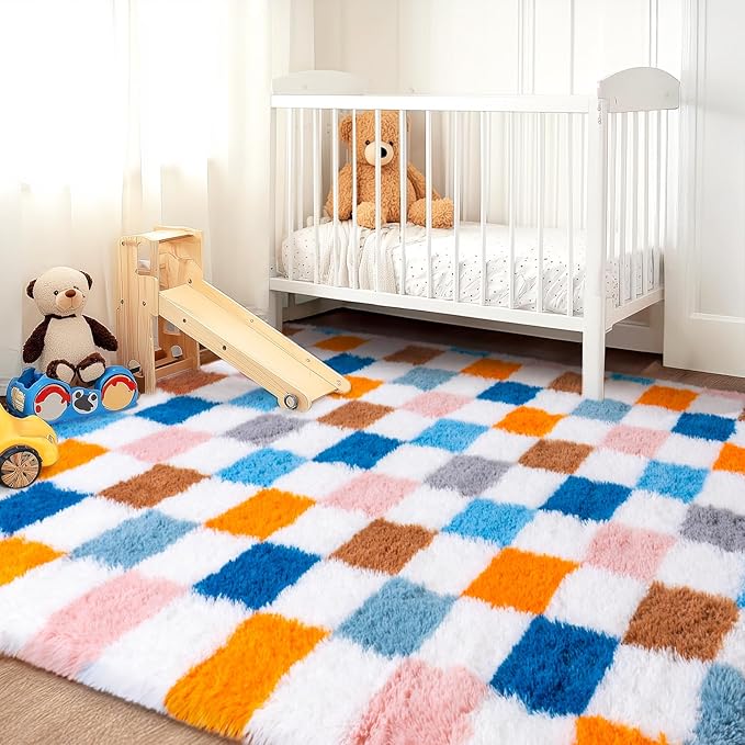 Checkered Rugs for Living Room Bedroom, 5x7 Area Rugs for Living Room, Modern Shaggy Carpets Fuzzy Rug for Boys Girls Dorm Nursery Home Decor Aesthetic, Upgrade Non-Slip Durable, Colorful