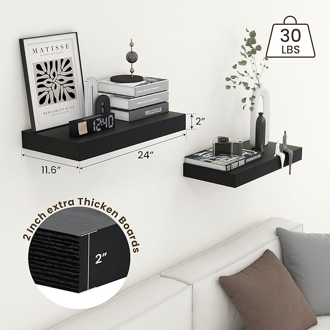 FLYJOE Deep Floating Shelves | 24 Inch Black Floating Shelves Set of 2 | 12 Inch Deep Rustic Wood Shelves for Wall | 24" W x 12" D Black Shelves for Living Room Bathroom Laundry Room Kitchen