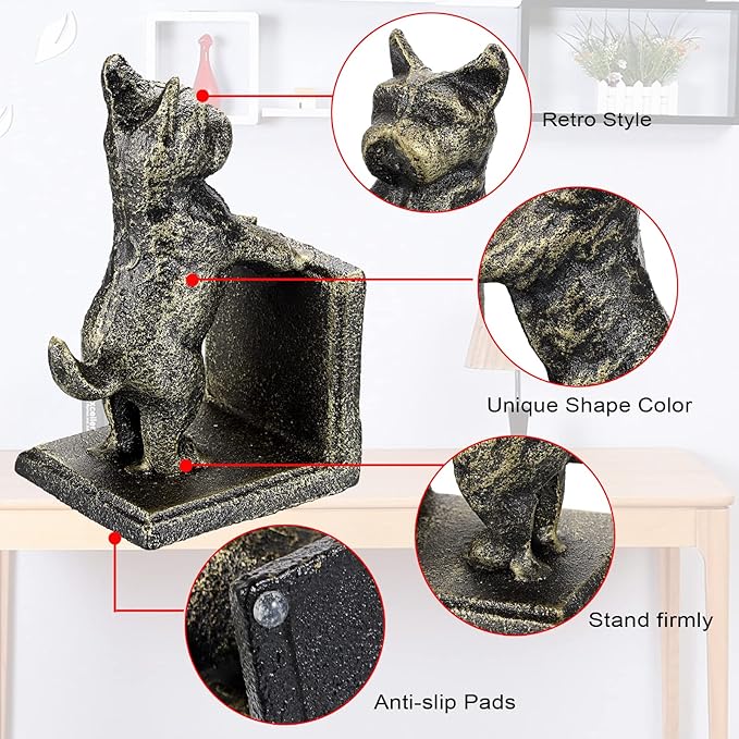2 Pack Dog Decorative Bookends for Shelf - Cast Iron Book Ends Cute Dog Bookend Support for Home Decor, Heavy Duty Book Stands Vintage Antique Shelf Decor for Reading Enthusiasts or Dog Lovers
