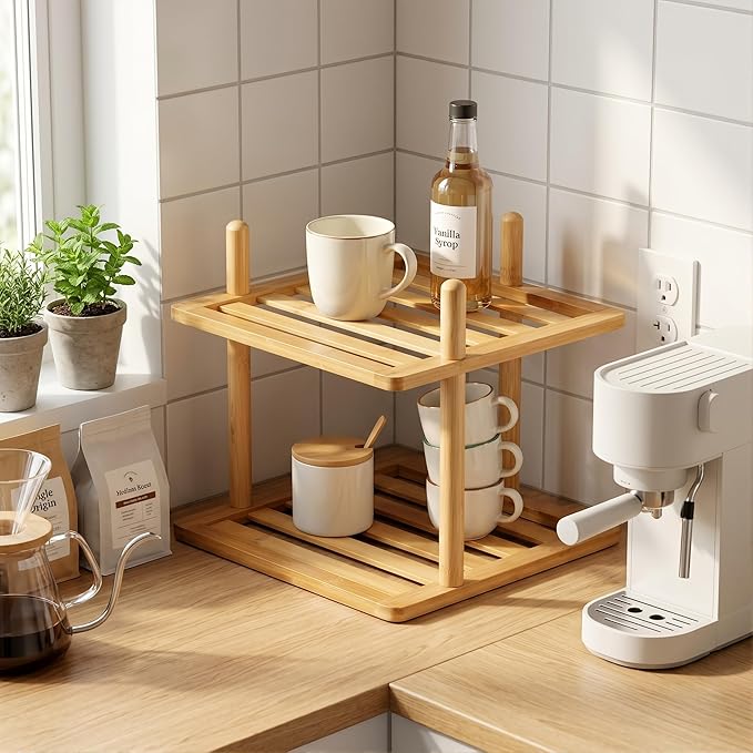 2-Tier Expandable Bamboo Corner Shelf - Dish/Plate Organizer for Cabinet, Kitchen Counter Shelf & Small Kitchen Shelf, Adjustable (2, Natural, 6.7" H-Large)