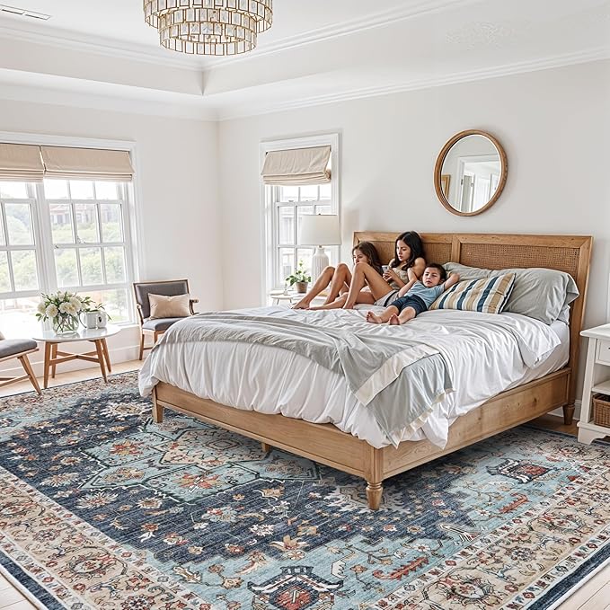 TOPRUUG Washable Oriental Area Rug - 10x12 Rugs for Living Room Soft Carpet for Bedroom Waterproof Floral Distressed Indoor Stain Resistant Non-Shedding Floor Carpets (Blue/Teal/Orange, 10x12)