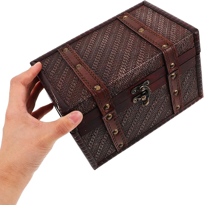 POPETPOP Wooden Jewelry Box with Woven Texture Vintage Keepsake Case Decorative Desktop Storage for Necklaces Bracelets Makeup Organizer Brown
