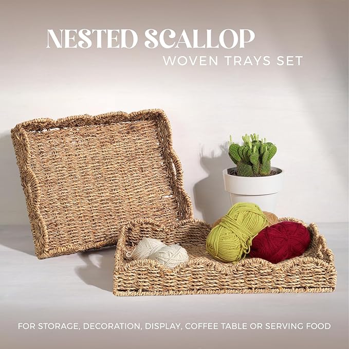 Scalloped Seagrass Tray, Hand-Woven Wicker Storage Baskets with Scalloped Edge and Handles (17x13x3in) Rectangular Handwoven Trays, Seagrass Basket for with Built-in Handles (Dark Brown)