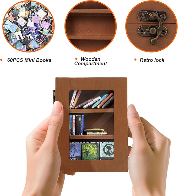 Anxiety Mini Bookshelf Mini Books with 60PCS Wooden Miniature Book Library for Stress Relief, Home and Office Decor, Unique Gift for Book Lovers - Brown