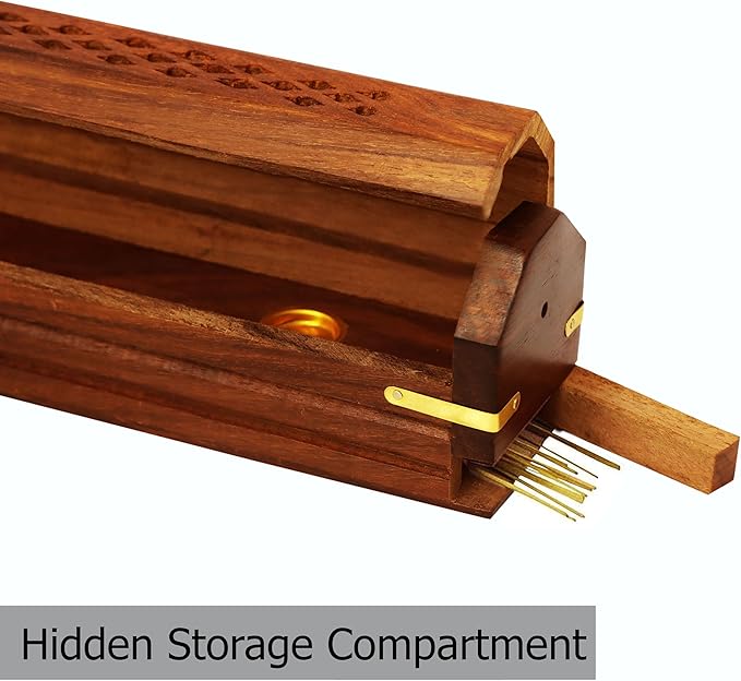 Sheesham Wood Incense Burner Holder – Set of 2 Coffin Style Carved Lattice Lid Ribbed Wood Detail Incense Box - Hidden Storage & Ash Catcher – Aromatherapy Stick & Cone Burner - 12x2x2 – COTTON CRAFT