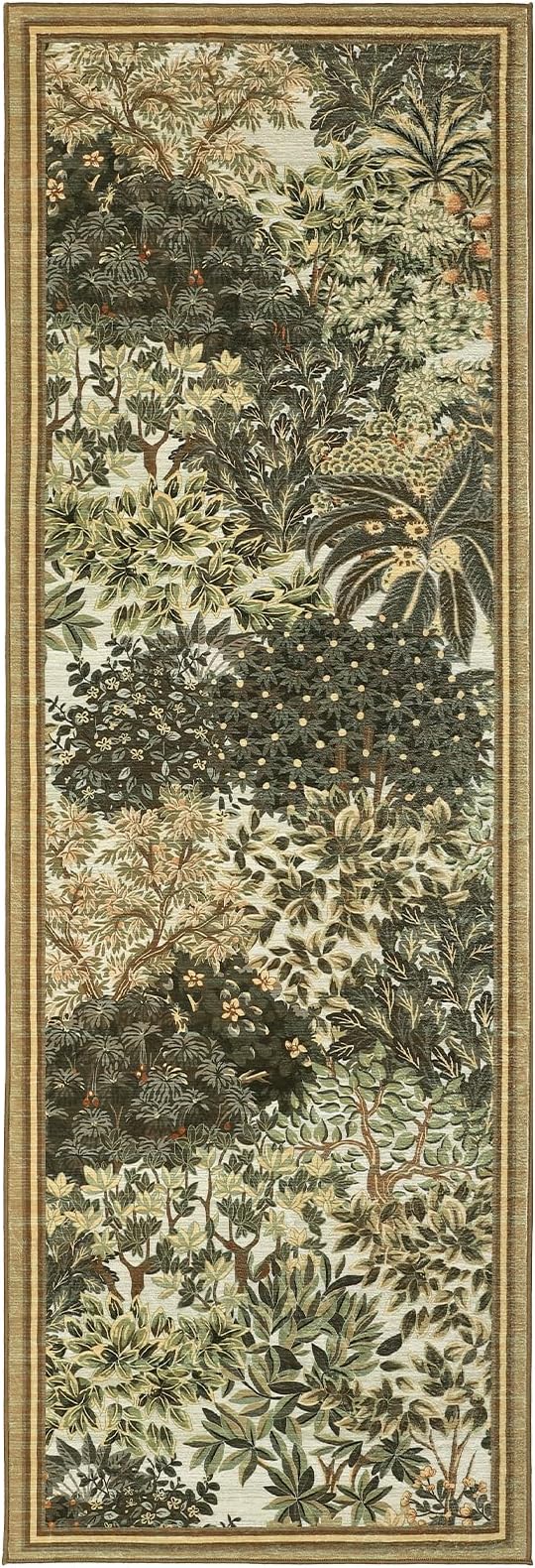 GarveeHome Forest Runner Rug, Brown Green Washable Runner Rug 2x6 for Kitchen, Botanical Low Pile Non Slip Stain Resistance Woodland Hallway Rug for Entryway Bedroom Laundry Room