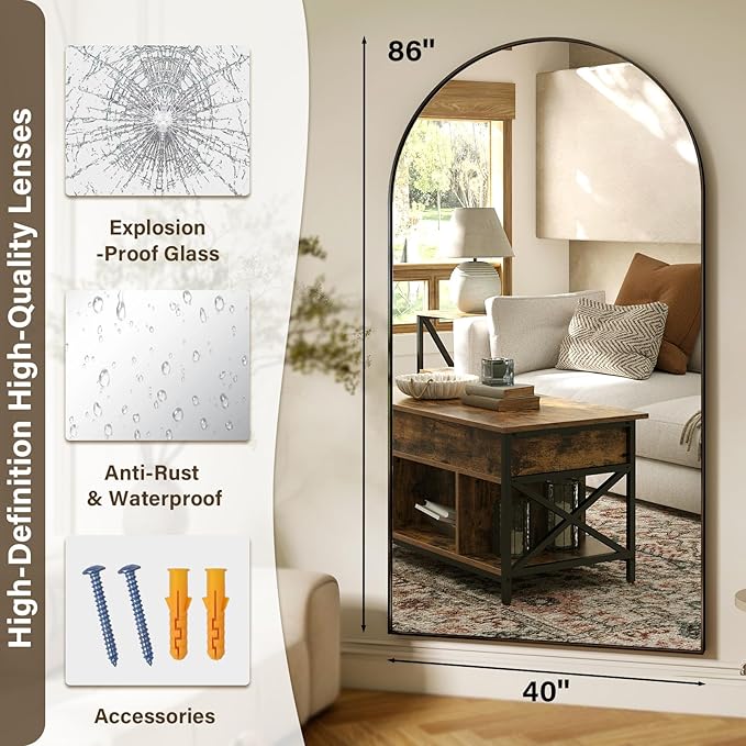 XRAMFY 86"x40" Arched Full Length Mirror Floor Mirrors with Aluminum Alloy Frame Free-Standing Wall Mounted Floor Mirrors or Large Dressing Mirror, Black Mirror Full Length