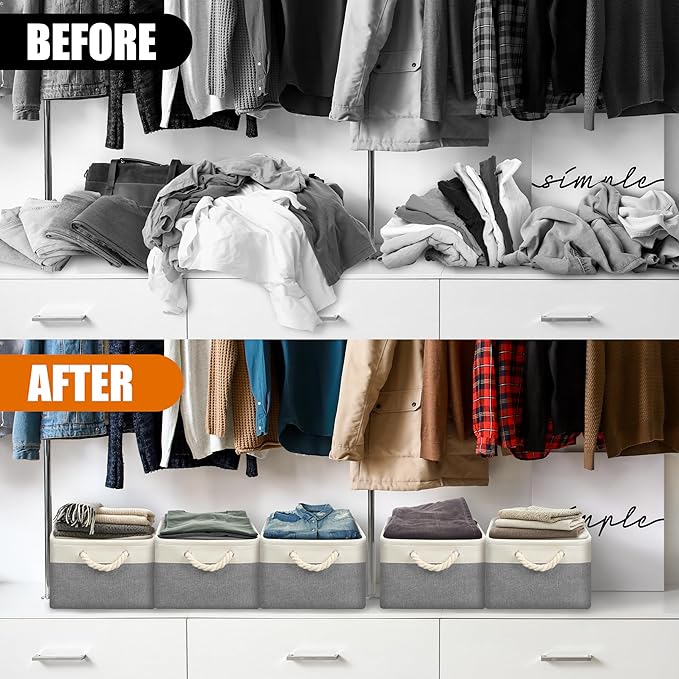 Simple Houseware 15.7" x 12" Wide & Low Fabric Storage Bin for Shallow Gaps and Closet, Braided Handles, 3 Pack, Gray