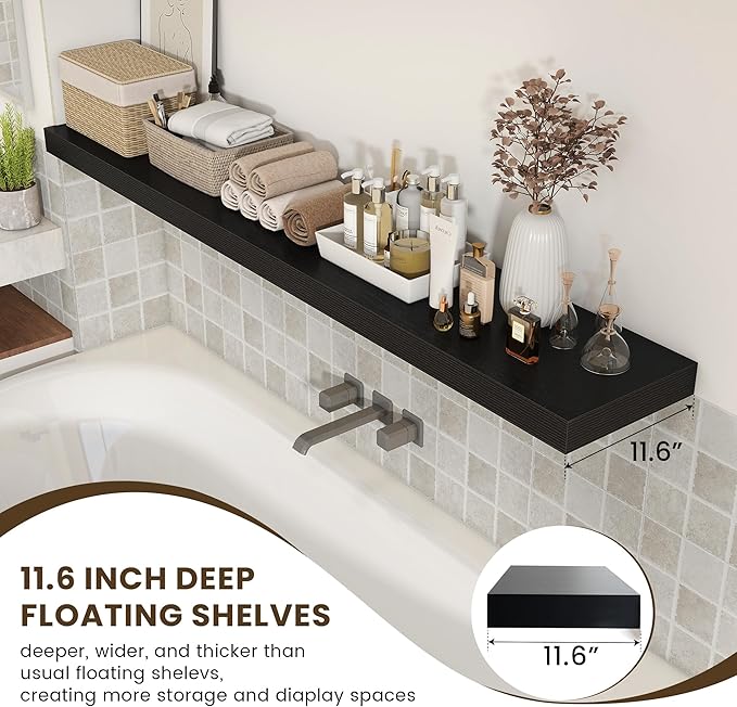 FLYJOE 72 Inch Black Floating Shelf | 12 Inch Deep Floating Shelves Set of 1 | 72" D x 12" D Rustic Wood Shelves for Wall | Deep Black Shelves for Living Room Bathroom Laundry Room Kitchen