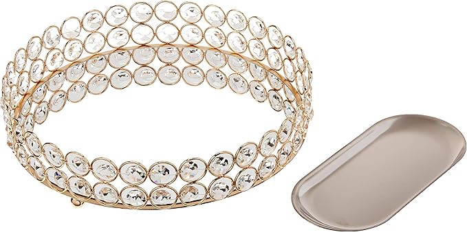Crystal Decorative Tray Metal Mirrored Perfume Cosmetic Organizer Jewelry Trinket Display Storage Vanity Trays Home Décor Accents Luxury Gift (Round, 10in, Gold)